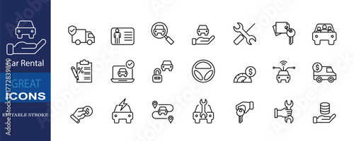 “Car Rental” icon set illustrates car hire, maintenance, payment, and GPS features, ideal for travel apps, car-sharing services, and dealerships.