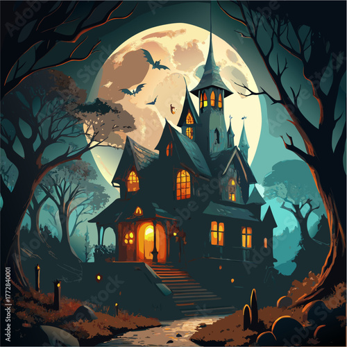 haunted house with bats