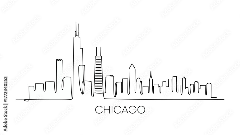 Fototapeta premium Chicago Skyline Silhouette: A minimalist, continuous line art depiction of the iconic Chicago skyline, capturing its urban essence and architectural marvel. 