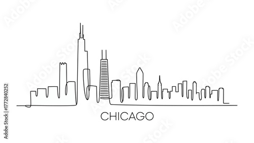 Chicago Skyline Silhouette: A minimalist, continuous line art depiction of the iconic Chicago skyline, capturing its urban essence and architectural marvel. 
