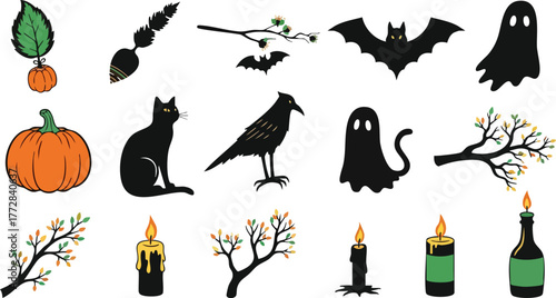 Collection of spooky Halloween symbols and icons for design.