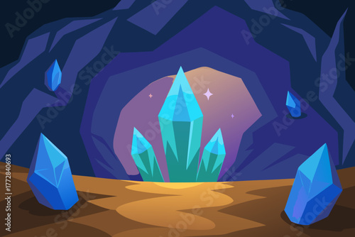 Cartoon magic crystals in a cave vector illustration
