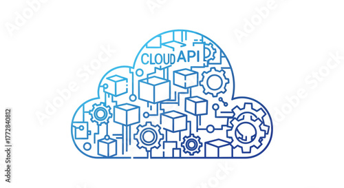 Abstract technological illustration of cloud services and API connectivity, depicting a network of data processing and automation infrastructure