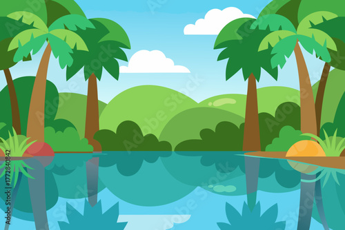 Cartoon jungle lagoon reflection vector illustration
