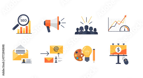 Modern Flat Design Digital Marketing and Business Icons Collection Essential Symbols for Online Strategy, SEO, Advertising, Communication, and Creative Development