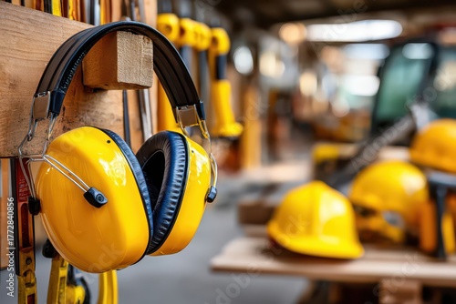 Yellow ear protection for industrial safety, hanging on a wooden beam in a workshop.