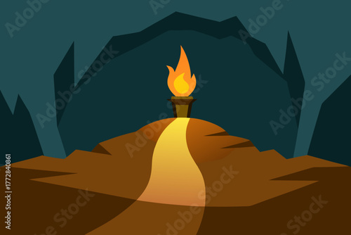 Cartoon torch lit cave path vector illustration