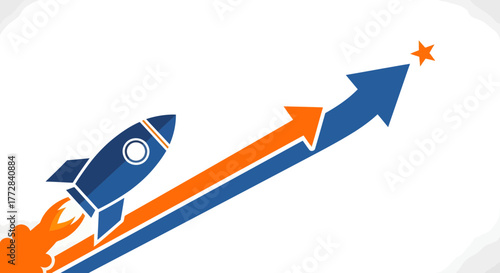 Dynamic illustration of a rocket launching alongside an upward-trending arrow towards a star, symbolizing ambitious business growth, startup success, and strategic goal achievement for future upscale