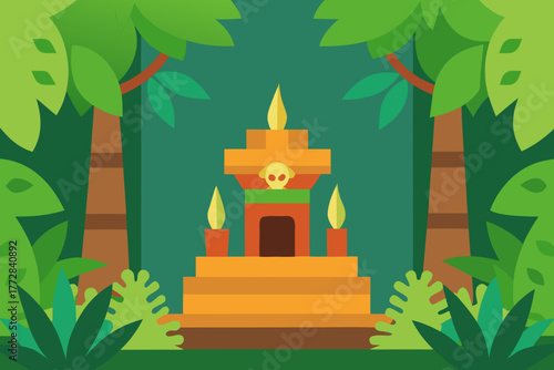 Cartoon jungle altar under vines vector illustration