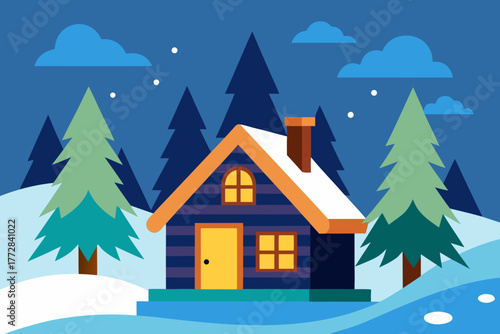 Cartoon winter cabin in the woods vector illustration