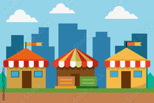 Cartoon market stalls in a town vector illustration