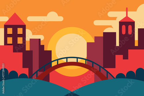 Cartoon city bridge at sunset vector illustration