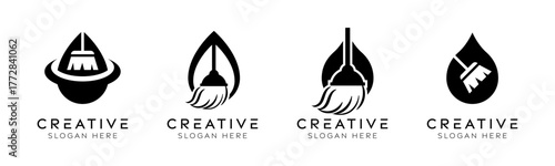Set of broom water drop logo design templates. Modern isolated broom and water drop design for clean, fresh, and hygienic.