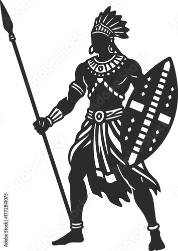 African warrior vector illustration with shield and spear 