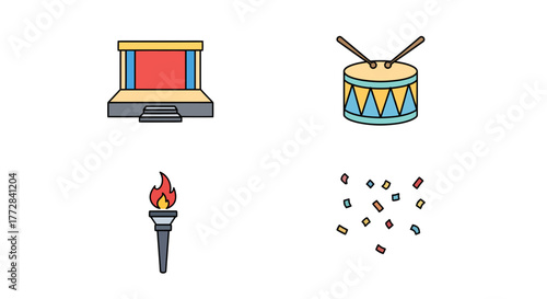 Vibrant vector icon set for diverse celebrations and events, showcasing a performance stage, rhythmic drum, symbolic torch, and festive confetti, ideal for engaging design projects
