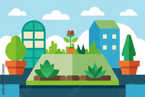 Cartoon rooftop garden with plants vector illustration