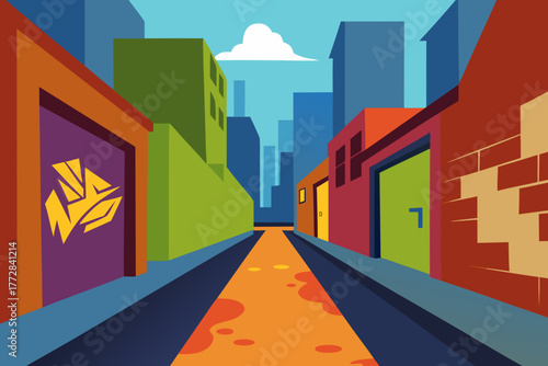 Cartoon alleyway with graffiti art vector illustration