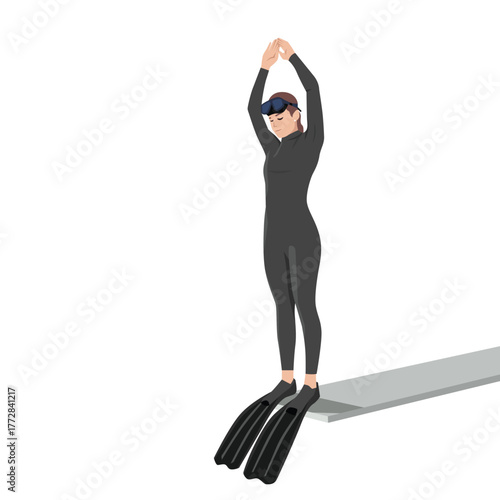 Female Freediver Preparing to Dive from the Platform. Flat vector illustration isolated on white background