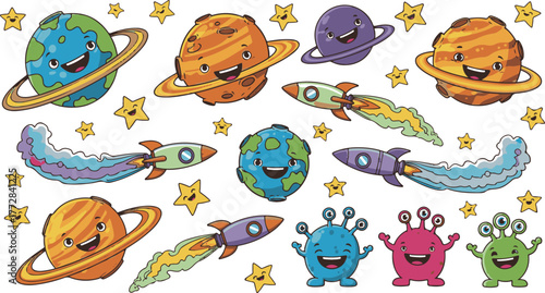 Cartoon Planets, Rockets, and Friendly Monsters Exploring the Galaxy