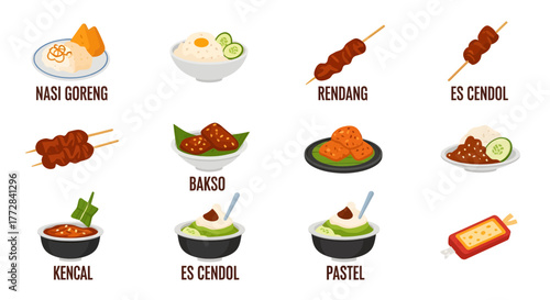 Vibrant collection of iconic Indonesian and Southeast Asian culinary dishes, from savory main courses to delightful desserts, presented as modern flat design vector illustrations