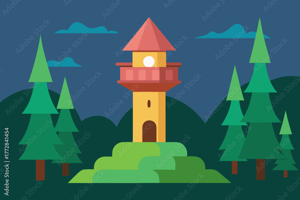 Naklejka premium Cartoon enchanted tower in a forest vector illustration