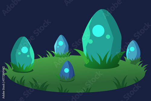 Cartoon glowing stones in the grass vector illustration