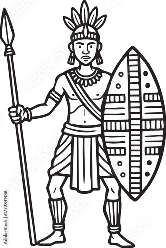 African warrior vector illustration with shield and spear 