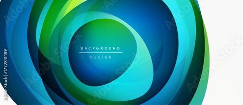 Abstract fluid layers create dynamic circular design. Blue, green hues blend, forming modern background. Text reads background design.