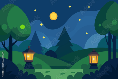 Cartoon starlit glade with lanterns vector illustration
