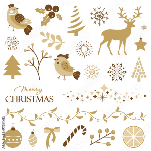Christmas illustration set in gold. Deer, bird, berries, garland, snowflakes, winter, Christmas tree