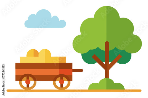 Cartoon hay wagon by a tree vector illustration