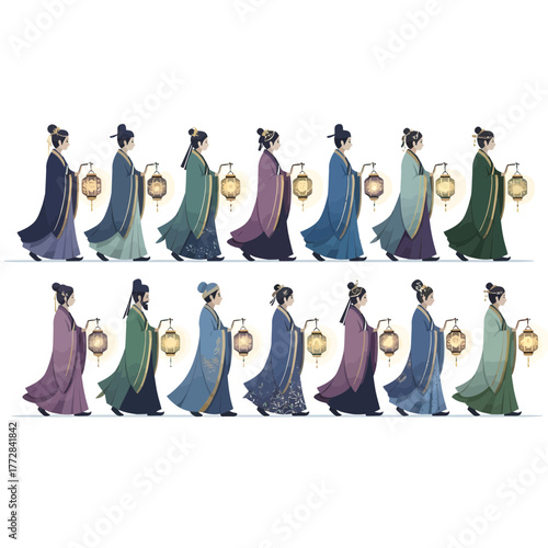 Elegant Procession of Lantern-Bearing Women in Traditional East Asian Attire, Festival Celebration