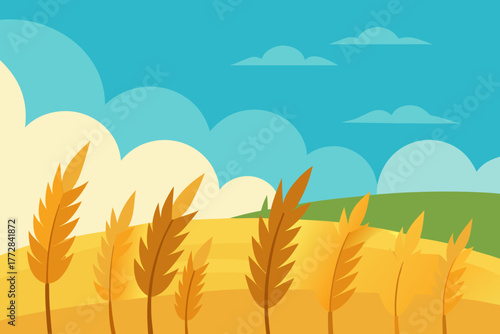 Cartoon wheat field scene in the breeze vector illustration