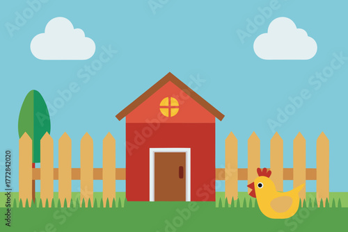 Cartoon chicken coop and fences vector illustration