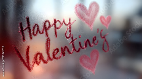 Happy Valentineâs Day inscription on a frosted glass background: The message etched onto foggy glass, with heart shapes drawn in the mist, surrounded by a soft blur of red and pink