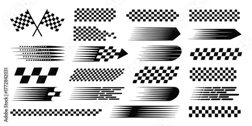Race car and motorsports vector pack featuring racing stripes, checkered flags, finish line elements, speed graphics, motocross themed labels, and competition design assets