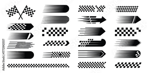 Motorsport racing vector collection with car stripes, checkered flags, finish line symbols, dynamic speed lines, motocross labels, and competition inspired racing graphics
