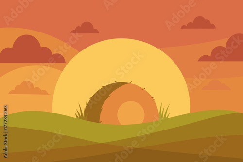 Cartoon haystack under the sunset vector illustration