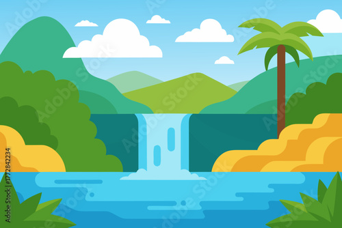 Cartoon tropical waterfall lagoon vector illustration