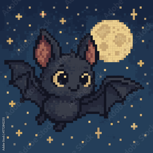 Cute pixel art bat flying under the moon with stars in a whimsical night sky