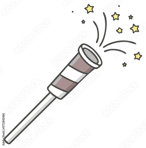 Festive party popper exploding with confetti stars cartoon doodle illustration