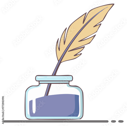 Classic feather quill pen in a glass inkwell illustration for writing and literature