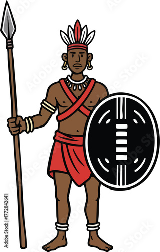 African warrior vector illustration with shield and spear 