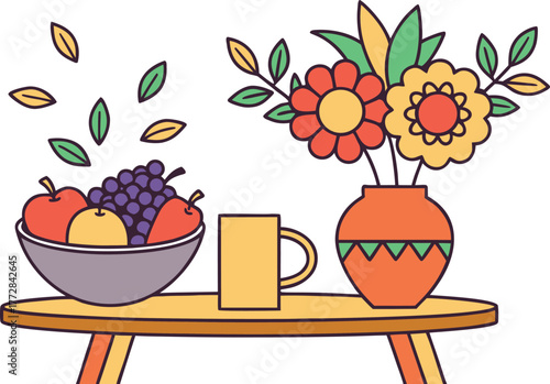 Still Life Illustration: Fruit Bowl, Mug, and Flowers in a Vase on a Table