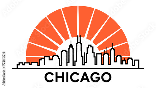 Chicago Skyline Illustration: A striking illustration showcases the iconic Chicago skyline silhouette beneath a radiant orange sunburst, with the city's name boldly displayed below.