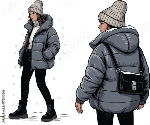 Winter outfit illustration, front and back view, puffer jacket, knit beanie, snowy scene, cold weather fashion, stylish accessories, boots