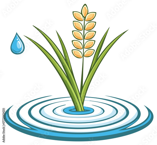 Stylized graphic illustration featuring rice plant, water drop, and concentric water ripples depicting agriculture and irrigation.