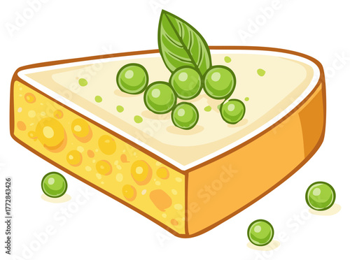 Savory cartoon cheese slice with green peas and fresh basil leaf on creamy topping vector illustration