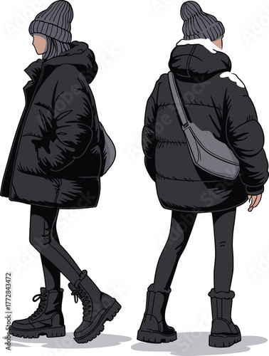 Winter fashion illustration, side and back view, puffer jacket, knit beanie, combat boots, crossbody bag, cold weather style, urban wear