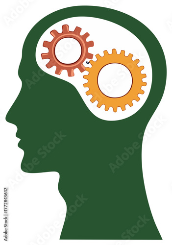 Silhouette head with working gears symbolising idea creation and brain activity